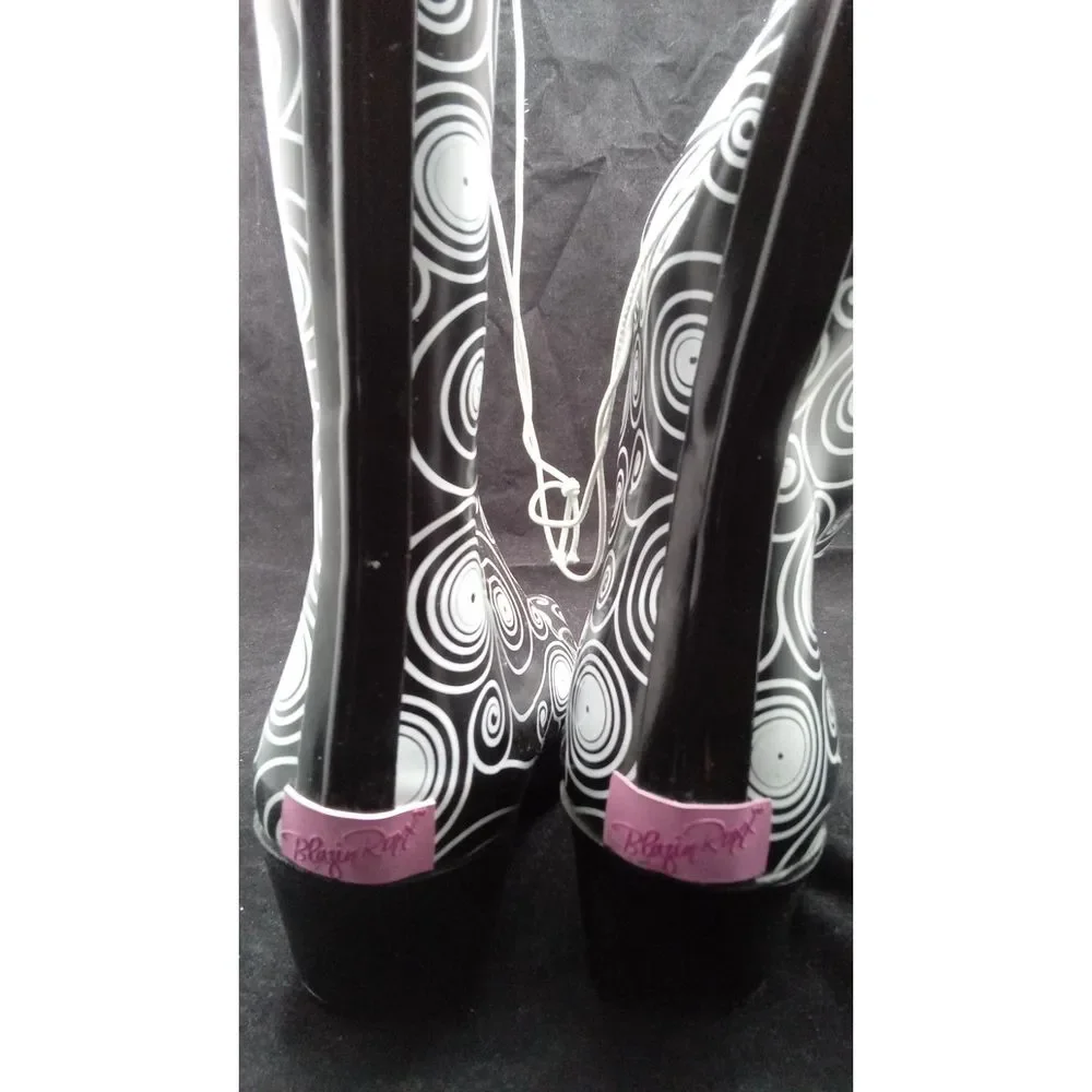 BLAZIN ROXX Layla Cowboy Rain Boot Black White Circle Dot Outdoor Size 11 Rubber